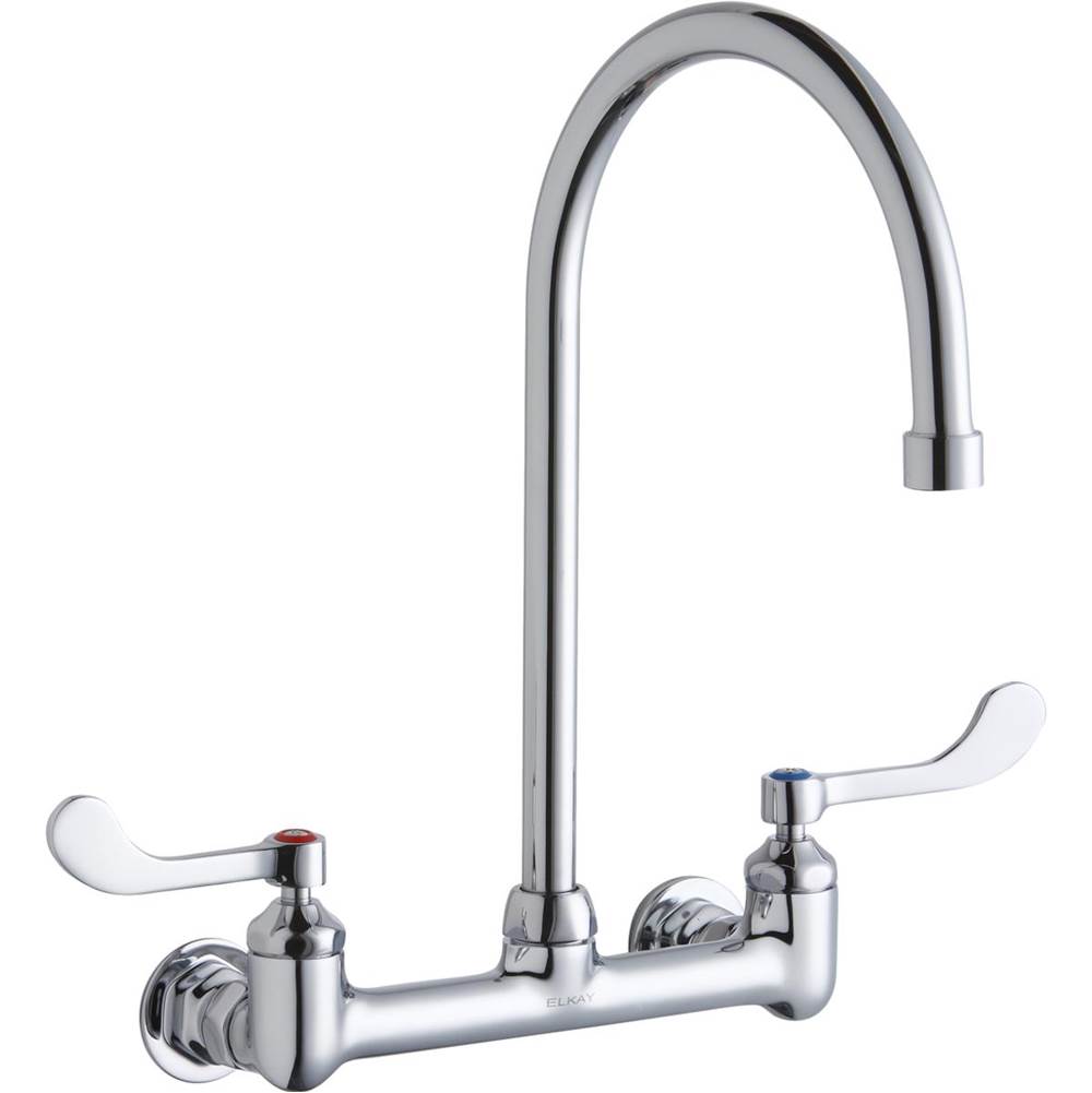Elkay Scrub/Handwash 8'' Centerset Wall Mount Faucet w/8'' Gooseneck Spout 4'' Wristblade Handles 1/2in Offset Inlet