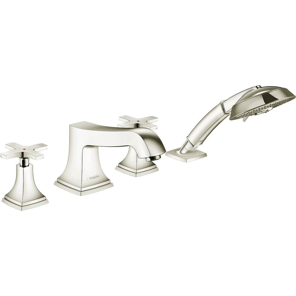 Hansgrohe Metropol Classic 4-Hole Roman Tub Set Trim with Cross Handles and 1.8 GPM Handshower in Polished Nickel