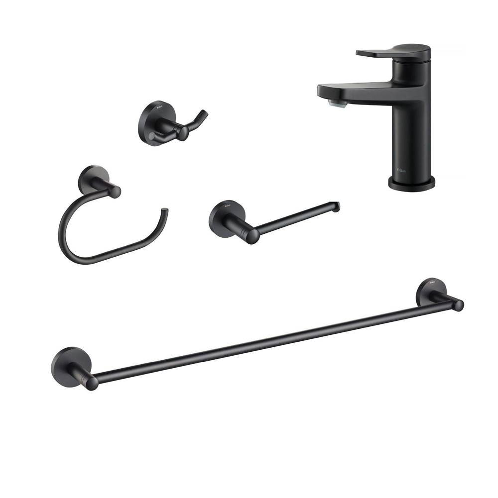 Kraus Indy Single Handle Bathroom Faucet with 24-inch Towel Bar, Paper Holder, Towel Ring and Robe Hook in Matte Black