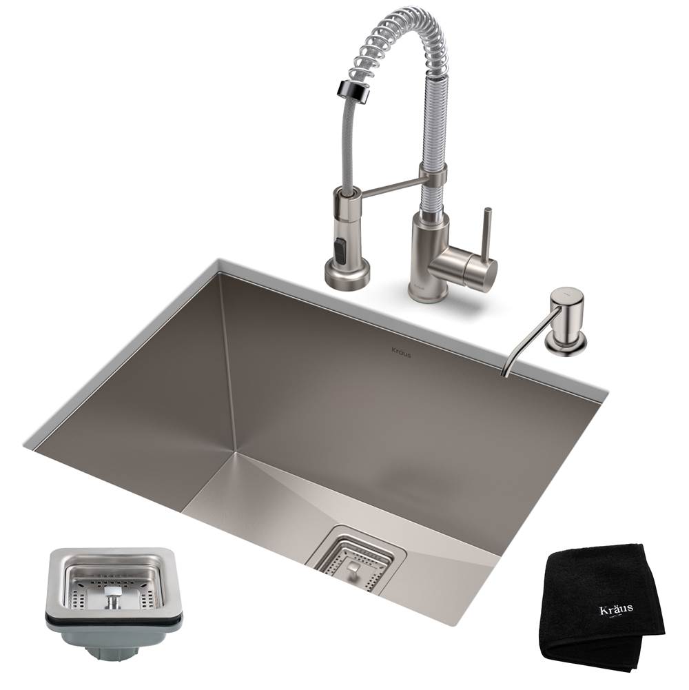 Kraus 24-inch 18 Gauge Pax Laundry and Utility Sink Combo Set with Bolden 18-inch Kitchen Faucet and Soap Dispenser, Stainless Steel Chrome Finish