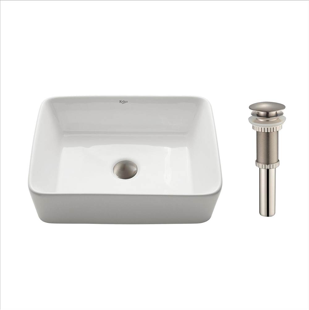 Kraus Rectangular Ceramic Vessel Bathroom Sink in White with Pop-Up Drain in Satin Nickel